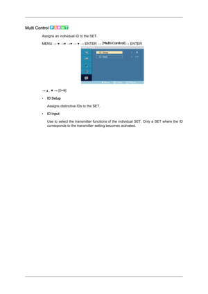 Page 88Multi Control 
Assigns an individual ID to the SET.
MENU → 
 →  →  →   → ENTER →  → ENTER
→   ,   → [0~9]
• ID Setup
Assigns distinctive IDs to the SET.
• ID Input
Use  to  select 
the  transmitter  functions  of  the  individual  SET.  Only  a  SET  where  the  ID
corresponds to the transmitter setting becomes activated. Adjusting the LCD Display 