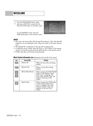 Page 120WISELINK
English - 120
4
Press the PLAY/PAUSE button while
playing an MP3 file to pause the file.
Press the STOP button to exit Play mode.
To exit WISELINK mode, press the
WISE LINK button on the remote control.
NOTES
•This menu only shows files with the mp3 file extension. Files with other file
extensions are not displayed, even if they are saved on the same memory
card.
•The selected file is displayed on the top with its playing time.
•To adjust the music volume, press the VOL+ or VOL- button on the...