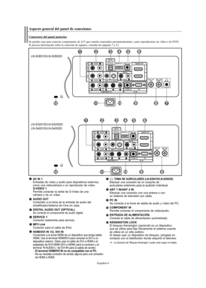 Page 126Español-4
AV IN 1Entradas de vídeo y audio para dispositivos externos,
como una videocámara o un reproductor de vídeo.
S-VIDEO 1Permite conectar la señal de S-Vídeo de una 
cámara o de un vídeo.
AUDIO OUTConéctelo a la toma de la entrada de audio del
amplificador/sistema de Cine en casa.
DIGITAL AUDIO OUT (OPTICAL)Se conecta al componente de audio digital.
SERVICE 1Conector solamente para servicio.
MP3 LinkConector para el cable de iPod.
HDMI/DVI IN 1/2, DVI INConéctela a la toma HDMI de un dispositivo...