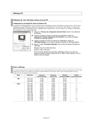 Page 159Français-37
Utilisation de votre télévision comme un écran PC
Configuration de votre logiciel PC (basée surWindows XP) 
Les paramètres d’affichage Windows pour un ordinateur type sont indiqués ci-dessous. Cependant, les écrans réels de votre PC auront
probablement un aspect différent, en fonction de votre propre version de Windows et de votre carte vidéo. Même si vos écrans réels 
apparaissent différents, les informations de base s’appliquent dans la plupart des cas. (Si tel n’est pas le cas, contactez...