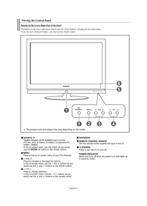 Page 5English-3
Viewing the Control Panel 
SOURCE Toggles between all the available input sources
(TV, AV1, AV2, S-Video1, S-Video2, Component, PC, 
HDMI1, HDMI2). 
In the on-screen menu, use this button as you would
use the 
ENTER button on the remote control.
MENUPress to see an on-screen menu of your TV’s features.
Press to increase or decrease the volume.
In the on-screen menu, use the  buttons as you
would use the 
and buttons on the remote control.
Press to change channels.  
In the on-screen menu, use...