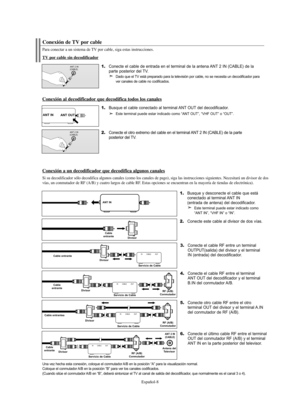 Page 70Español-8
Una vez hecha esta conexión, coloque el conmutador A/B en la posición “A” para la visualización normal. 
Coloque el conmutador A/B en la posición “B” para ver los canales codificados. 
(Cuando sitúe el conmutador A/B en “B”, deberá sintonizar el TV al canal de salida del decodificador, que normalmente es el canal 3 o 4).
2.Conecte este cable al divisor de dos vías.
Divisor Cable
entrante
3.Conecte el cable RF entre un terminal
OUTPUT(salida) del divisor y el terminal
IN (entrada) del...