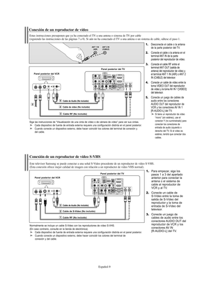 Page 71Español-9
Conexión de un reproductor de vídeo
Estas instrucciones presuponen que ya ha conectado el TV a una antena o sistema de TV por cable
(siguiendo las instrucciones de las páginas 7 a 8). Si aún no ha conectado el TV a una antena o un sistema de cable, sáltese el paso 1.
1.Desconecte el cable o la antena
de la parte posterior del TV.
2.Conecte el cable o la antena en el
terminal ANT IN de la parte 
posterior del reproductor de vídeo.
3.Conecte el cable RF entre el
terminal ANT OUT (salida de...