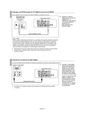 Page 73Español-11
Conexión a un DVD/receptor de TV digital a través de un HDMI
Solo es aplicable si hay un conector de salida de HDMI en el dispositivo externo.
1.Conecte un cable de
HDMI entre el conector de 
HDMI/DVI IN 1 o 
HDMI/DVI IN 2 del televisor 
y el conector HDMI del 
reproductor de 
DVD/ reproductor de 
televisión digital.Panel posterior del 
reproductor de DVD
Panel posterior del TV
Cable de HDMI (No incluido)
¿Qué es HDMI?  
• HDMI, o interfaz multimedia de alta definición, es una interfaz de la...