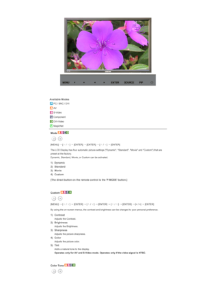 Page 123Available Modes
PC / BNC / DVI
AV
S-Video
Component
DVI-Video
MagicNet
Mode 
[MENU] →
 [∧
 / ∨
] →
 [ENTER]  →
 [ENTER]  →
 [∧
 / ∨
] →
 [ENTER] 
The LCD Display has four automatic picture settings (Dynamic, Standard, Movie and Custom) that are 
preset at the factory. 
Dynamic, Standard, Movie, or Custom can be activated.
1) Dynamic
2) Standard
3) Movie
4) Custom
[The direct button on the remote control is the P.MODE button.]
 
 
Custom 
[MENU]  →
 [∧
 / ∨
] →
 [ENTER]  →
 [∧
 / ∨
] →
 [ENTER]  →
 [∧
 /...