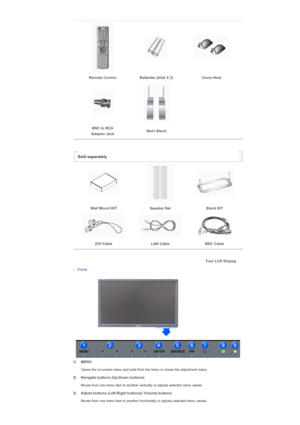 Page 20Remote Control Batteries (AAA X 2)  Cover-Hole
 
BNC to RCA 
Adaptor Jack Semi Stand  
 
 
Sold separately
Wall Mount KIT  Speaker Set Stand KIT 
DVI Cable  LAN Cable BNC Cable 
 
Your LCD Display 
Front
 
1) MENU
  Opens the on-screen menu and exits from the menu or closes the adjustment menu.
2) Navigate buttons (Up-Down buttons)
  Moves from one menu item to another vertically or adjusts selected menu values. 
3) Adjust buttons (Left-Right buttons)/ Volume buttons
Moves from one menu item to another...