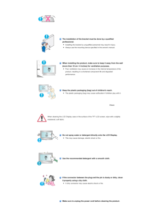 Page 5 
 
 The installa tion of the brac ket mus t be done by a qualified 
professional.
zInstalling the bracket by unqualified personnel may result in injury.   zAlwa y s u se  th e mo un ting  d ev ic e s pe c ifie d in  th e ow n er s  ma nu al.  
 
 
 When installing the product, m ake sure to keep it away  from the wall 
(more than 10 cm / 4 inches) for venti lation purposes. 
zPoor ventilation may cause an increase in the internal temperature of the 
pr od uc t, r es ultin g in a  s h or te ne d c om po...