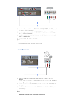 Page 521) Connect a set of audio cables between the COMPONENT AUDIO IN [L-AUDIO-R] on the LCD Display and 
the AUDIO OUT jacks on the DVD player.
2) Connect a Component cable between the  BNC/COMPONENT IN - P
R, Y, PB port on the LCD Display and 
the P
R, Y, PB jacks on the DVD player. 
3) Select  Component  for the connection to a DVD player using the SOURCE button on the front of the LCD 
Display or on the remote control.
4) Then, start the DVD Player with a DVD disc inserted. 
Note
• A component cable is...