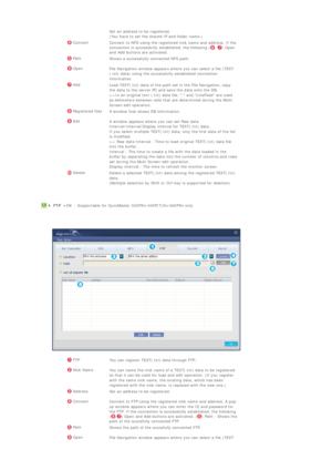 Page 83 Set an address to be registered. 
(You have to set the shared IP and folder name.)
 Connect
Connect to NFS using the registered nick name and address. If the 
connection is successfully established, the following ( ,  ) Open 
and Add buttons are activated.
 PathShows a successfully connected NFS path.
 Open
File Navigation window appears where you can select a file (TEXT
(.txt) data) using the successfully established connection 
information.
 Add
Load TEXT(.txt) data of the path set in the File...