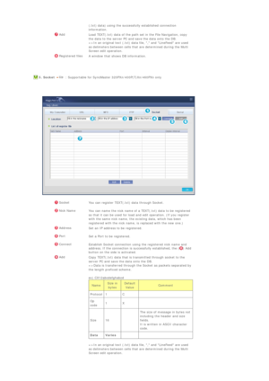 Page 84 (.txt) data) using the successfully established connection 
information.
 Add
Load TEXT(.txt) data of the path set in the File Navigation, copy 
the data to the server PC and save the data onto the DB. 
=>In an original text (.txt) data file, , and LineFeed are used 
as delimeters between cells that are determined during the Multi 
Screen edit operation.
 Registered files
A window that shows DB information.
  
  5. Socket  : Supportable for SyncMaster 320PXn/400P(T)Xn/460PXn only...