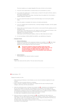 Page 98 
 
 
 
 
  This item enables you to update MagicNet (File name: NK.bin) on the monitor.  
 
2. This item will be deactivated in monitors that are not connected to a server.  
 
3. If you select the Update item, a window pops up. Search for the path to NK.bin, select it, 
and click the Update button.  
The update will proceed in two steps: Download (Save the update file in the monitor) → 
Update (MagicNet installation)  
 
4. You may cancel this function during the download stage, but not during the...