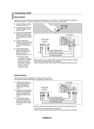 Page 12
English - 10
Connecting a VCR
These instructions assume that you have already connected your TV to an antenna or a cable TV system (according to the instructions on pages 6-7). Skip step 1 if you have not yet connected t\
o an antenna or a cable system. 
1.	Unplug the cable or antenna     from the back of the TV.
2.	Connect the cable or antenna    to the ANT IN terminal on the    back of the VCR.
3.	Connect an RF Cable between      the ANT OUT terminal on the        VCR and the ANT 1 IN (AIR) or...