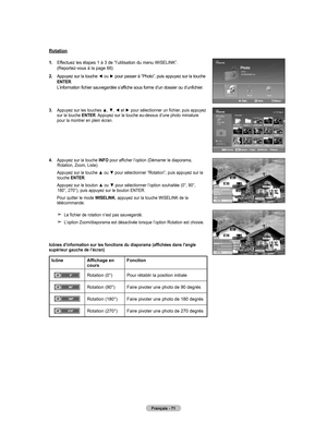 Page 167
Français - 71
Rotation
1.  
Effectuez les étapes 1 à 3 de “l’utilisation du menu WISELINK”.  (Reportez-vous à la page 66)
2.  
Appuyez sur la touche ◄ ou ► pour passer à “Photo”, puis appuyez sur la touche ENTER. L’information fichier sauvegardée s’affiche sous forme d’un dossier ou d’unfichier.
.  
Appuyez sur les touches ▲, ▼, ◄ et ► pour sélectionner un fichier, puis appuyez sur la touche ENTER. Appuyez sur la touche au-dessus d’une photo miniature pour la montrer en plein écran.
4.  
Appuyez...