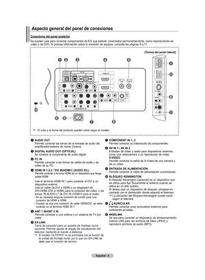 Page 194
Español - 
aspecto general del panel de conexiones
Conectores del panel posterior
Se pueden usar para conectar componentes de A/V que estarán conectados permanentemente, como reproductores de vídeo o de DVD. Si precisa información sobre la conexión de equ\
ipos, consulte las páginas 6 a 11.
1	aUdIO OUt    Permite conectar las tomas de la entrada de audio del amplificador/sistema de Home Cinema.
2 dIGItal  aUdIO OUt (OPtICal)    Se conecta al componente de audio digital.
3 PC In    Permite conectar...