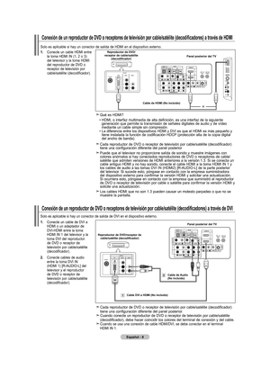 Page 198
Español - 
Conexión de un reproductor de DVD o receptores de televisión por cable/satélite (decodificadores) a través de HDMI
Solo es aplicable si hay un conector de salida de HDMI en el dispositivo externo.
.  Conecte un cable HDMI entre la toma HDMI IN (1, 2 o 3) del televisor y la toma HDMI del reproductor de DVD o receptor de televisión por cable/satélite (decodificador).
reproductor de dVd/ receptor de cable/satélite (decodificador)Panel posterior del tV
Cable de HdmI (no incluido)
 Qué...