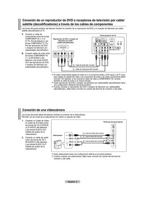 Page 199
Español - 
Conexión de un reproductor de dVd o receptores de televisión por cable/
satélite (decodificadores) a través de los cables de componentes
Las tomas del panel posterior del televisor facilitan la conexión de \
un reproductor de DVD o un receptor de televisión por cable/ satélite	(decodificador)	al	TV.
1.		Conecte un cable de componentes entre las tomas COMPONENT IN (1 o 2)  [Y, PB, PR] del televisor y las tomas COMPONENT [Y, PB, PR] del reproductor de DVD o receptor de televisión por...