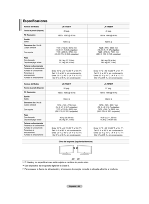 Page 278
Español - 
Especificaciones
Giro del soporte (izquierda/derecha)
-20˚	~	20˚
El diseño y las especificaciones están sujetos a cambios sin previo aviso.
Este dispositivo es un aparato digital de la Clase B.
Para conocer la fuente de alimentación y el consumo de energía, consulte la etiqueta adherida al producto.
nombre del modeloln-t0f ln-tf
tamaño de pantalla (diagonal)40 pulg.46 pulg.
PC resolución1920 x 1080 @ 60 Hz1920 x 1080 @ 60 Hz
Sonido Salida 10W	 X	2...