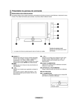 Page 99
Français - 
Présentation du panneau de commande 
1	SOURCE   Bascule entre toutes les sources d’entrée disponibles  (TV, AV1, AV2, S-Vidéo 1, S-Vidéo 2, Composante 1,    Composante 2, PC, HDMI1, HDMI2, HDMI3).     Dans le menu à l’écran, utilisez ce bouton de la même manière que le bouton ENTER de la télécommande.2	MENU    Appuyez pour voir à l’écran le menu des fonctions de votre télévision.
3	+ VOL -    Appuyez sur ce bouton pour augmenter ou baisser le volume.  Dans le menu à l’écran, utilisez...