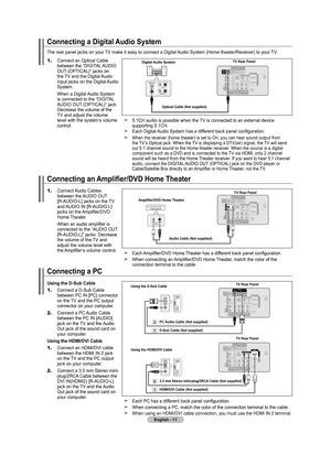 Page 13English - 11
Connecting a Digital Audio System
The rear panel jacks on your TV make it easy to connect a Digital Audio System (Home theater/Receiver) to your TV.
1.   Connect an Optical Cable between the “DIGITAL AUDIO 
OUT (OPTICAL)” jacks on 
the TV and the Digital Audio 
Input jacks on the Digital Audio 
System.
    When a Digital Audio System is connected to the “DIGITAL 
AUDIO OUT (OPTICAL)” jack: 
Decrease the volume of the 
TV and adjust the volume 
level with the system’s volume 
control.
5.1CH...