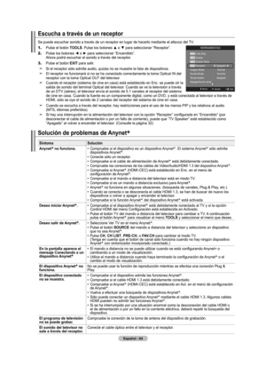 Page 150Español - 
Escucha a través de un receptor
Se puede escuchar sonido a través de un receptor en lugar de hacerlo mediante el altavoz del TV.
1.
    Pulse el botón TOOLS . Pulse los botones ▲ o ▼ para seleccionar “Receptor”.
2.
    Pulse los botones ◄ o ► para seleccionar “Encendido”.  
Ahora podrá escuchar el sonido a través del receptor.
3.
  Pulse el botón EXIT para salir.
Si el receptor sólo admite audio, quizás no se muestre la lista de dispositivos .
El receptor no funcionará si no se ha...