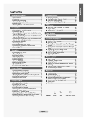 Page 3General Information
List of Features ..................................................................2
Accessories  .......................................................................2
Viewing the Control Panel  .................................................3
Viewing the Connection Panel  ...........................................4
Remote Control  .................................................................5
Installing Batteries in the Remote Control  .........................6
Connection...