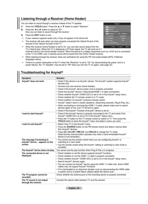 Page 66English - 64
Listening through a Receiver (Home theater)
You can listen to sound through a receiver instead of the TV speaker.
1.
   Press the TOOLS  button. Press the ▲ or ▼ button to select “Receiver”.
2.
    Press the ◄ or ► button to select to “On”. 
Now you can listen to sound through the receiver.
3.
  Press the EXIT button to exit.
If your receiver supports audio only, it may not appear in the device list.
The receiver will work when you have properly connected the Optical IN j\
ack of the...