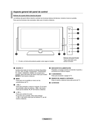 Page 89Español - 
Aspecto general del panel de control
Botónes de la parte inferior derecha del panel
Los botónes del panel inferior derecho controlan las funciones básicas del televisor
 , incluido el menú en pantalla.
Para usar las funciones más avanzadas, debe usar el mando a distancia.
8 8
4 1
2
3
5
6
7
El color y la forma del producto pueden variar según el modelo.➣
Botones del panel frontal
Toque cada botón para 
activar la función.
1 SOURCE 
Cambia entre todas las fuentes de entrada disponibles (TV,...