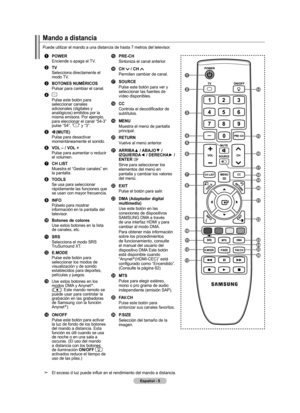 Page 91Español - 
Mando a distancia
Puede utilizar el mando a una distancia de hasta 7 metros del televisor.
1 POWEREnciende o apaga el TV.
2   tVSelecciona directamente el 
modo TV.
3 BOt ONES NUMÉrICOSPulsar para cambiar el canal.
4 Pulse este botón para seleccionar canales 
adicionales (digitales y 
analógicos) emitidos por la 
misma emisora. Por ejemplo, 
para eleccionar el canal “54-3” 
pulse “54”, “
” y “3”.
5 (MUtE)Pulse para desactivar 
momentáneamente el sonido.
6 VOL – / VOL +Pulse para aumentar...