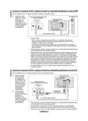 Page 94Español - 
Conexión de un reproductor de DVD o receptores de televisión por cable/satélite (decodificadores) a través de HDMI
Solo es aplicable si hay un conector de salida de HDMI en el dispositivo externo.
1.   Conecte un cable HDMI entre la toma 
HDMI IN (1, 2 o 3) 
del televisor y la 
toma HDMI del 
reproductor de DVD o 
receptor de televisión 
por cable/satélite 
(decodificador).
¿Qué es HDMI?
  •   HDMI, o interfaz multimedia de alta definición, es una interfaz de la sig uiente generación que...