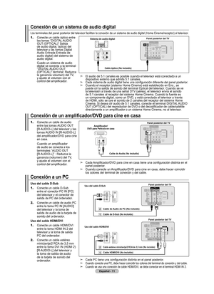 Page 97Español - 
Conexión de un sistema de audio digital
Los terminales del panel posterior del televisor facilitan la conexión de un sistema de audio digital (Home Cinema/receptor) al televisor.
1.   Conecte un cable óptico entre las tomas “DIGITAL AUDIO 
OUT (OPTICAL)” Salida 
de audio digital, óptica) del 
televisor y las tomas Digital 
Audio Entrada Entrada de 
audio digital) del sistema de 
audio digital.
    Cuado un sistema de audio digital se conecta a la terminal 
“DIGITAL AUDIO OUT...