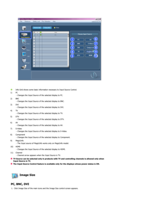 Page 39 
 
 
Info Grid shows some basic information necessary to Input Source Control.
1) PC 
- Changes the Input Source of the selected display to PC.
2) BNC 
- Changes the Input Source of the selected display to BNC.
3) DVI 
- Changes the Input Source of the selected display to DVI.
4) TV 
- Changes the Input Source of the selected display to TV. 
5) DTV 
- Changes the Input Source of the selected display to DTV. 
6) AV 
- Changes the Input Source of the selected display to AV. 
7) S-Video 
- Changes the...