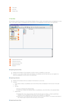 Page 64Tree View 
List View 
Output View
   
  Tree View  
All the folders under My Computer on the Windows Desktop, library, screen, and content server are displayed in a tree 
view. If you select a folder, its subfolders and a list of files in it are displayed in the list view in the right pane. 
 
  
 
 
 
 Exploring Normal Files 
 Exploring Libraries  
 Exploring Screen Files  
Exploring Normal Files
Exploring Libraries 
Exploring Screen Files 
Exploring Content 
Servers 
  Displays all the folders in the...