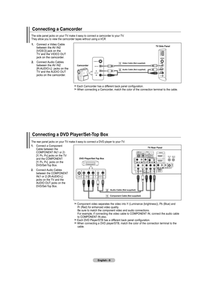 Page 11
English - 
Connecting a dVd player/Set-top Box
The	rear	panel	jacks	on	your	TV	make	it	easy	to	connect	a	DVD	player	to	your	 TV.
.  Connect	 a	Component	
	
	 	 Cable	 between	the		
	 	 COMPONENT 	IN(1	 or	2)		
	 	 [Y,	 PB,	PR]	jacks	 on	the	 TV		
	 	 and	 the	COMPONENT 		
	 	 [Y,	 PB,	PR]		 jacks	 on	the		
	 	 DVD/Set-Top	 Box.
.  Connect	 Audio	Cables
	
	 	 between	 the	COMPONENT	
	 	 IN(1	 or	2)	[R-AUDIO-L]		
	 	 jacks	 on	the	 TV	and	 the		 	
	 	 AUDIO	 OUT	jacks	 on	the...