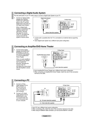 Page 13
Connecting an Amplifier/DVD Home Theater
. Connect	 Audio	Cables		
	 	 between	 the	AUDIO	 OUT		
	 	 [R-AUDIO-L]	 on	the	 TV		
	 	 and	 AUDIO	IN	[R-AUDIO-	
	 	 L]	 on	the	 Amplifier/DVD		
	 	 Home	 Theater.
	 	 When	 an	audio	 amplifier	 is	
	
	 	 connected	 to	the	 "AUDIO		
	 	 OUT 	[L-AUDIO-R]"		
	 	 terminals:	 Decrease	the			 	volume	of	 the	 TV,		
	 	 and	 adjust	the	volume	 level		
	 	 with	 the	Amplifier’s	 volume			 	 control.
Amplifier/DVD Home Theater tV rear panel
audio Cable...