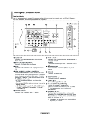 Page 6
English - 
1	audIo out	
	 Connects	 to	the	 audio	 input	jacks	 on	your	 Amplifier/	
	 Home	 theater.	
2	dIGItal audIo  out (optICal) 	
	 Connects	 to	a	Digital	 Audio	component.
3	pC In	
	 Connects	 to	the	 video	 and	audio	 output	 jacks	on	your	 	
	 PC.
4	hdmI In  ,, /dVI In(hdmI) (audIo  r/l)		Connects	to 	the 	HDMI 	jack 	of 	a 	device 	with 	an 	HDMI 	output.
	 	
Use 	the 	HDMI 	1 	IN 	terminal 	for 	a 	DVI 	connection 	to 	an 	external	
device. 	You 	should 	use 	the 	DVI...