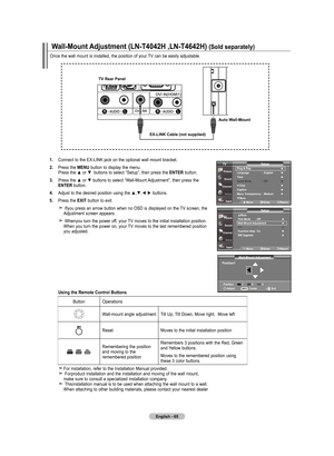 Page 67
English - 6
wall-mount  adjustment (ln-t0h ,ln-t6h) (Sold separately)
wall-mount  adjusment
position
adjust   Center ExitInfoposition           
▲More
film mode : off ►
w all-mount  adjustment ►
PIP     ► function help : on ►
Sw upgrade   ► 
Setup
tV
 move    Enter return
Setupplug & play       ►
language  : English   ►
t ime      ►
Game mode  :  off   ► 
V-Chip      ► Caption      ►
menu t ransparency  :  medium   ►▼more        
tV
 move   Enter...