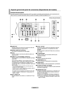 Page 82
Español - 
aspecto general del panel de conexiones (dependiendo del modelo)
Conectores del panel posterior
Se pueden usar para conectar componentes de A/V que estarán conectados permanentemente, como reproductores de vídeo o de DVD. Si precisa información sobre la conexión de equ\
ipos, consulte las páginas 6 a 12.
1	audIo out 
    Permite conectar las tomas de la entrada de audio del 
amplificador/sistema de Home Cinema.
2 dIGItal  audIo  out (oPtICal)  
  Se conecta al componente de audio...