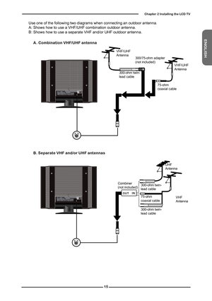 Page 16
ENGLISH

Chapter  Installing the LCD TV

O UTIN

300-ohm twin-lead cable
300-ohm twin-lead cable
75-ohmcoaxial cable
UHFAntenna
VHFAntenna
Combiner(not included)
A.  Combination VHF/UHF antenna
300-ohm twin-lead cable
75-ohmcoaxial cable
VHF/UHFAntenna
VHF/UHFAntenna
300/75-ohm adapter (not included)
B. Separate VHF and/or UHF antennas
Use one of the following two diagrams when connecting an outdoor antenna.A: Shows how to use a VHF/UHF combination outdoor antenna.B: Shows how to use a...