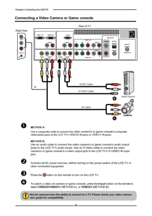 Page 21
L
RVIDEO IN
VIDEO

Right Side
0
Chapter  Installing the LCD TV
A
B
HDMI 2 INHDMI 1 IN
AUDIO
LRLRLR
LR
L
RLRLR
AUDIO
VGA IN
VIDEO2 INVIDEOAUDIOS-VIDEO INS-VIDEOAUDIO
YPbPr1 INAUDIO OUT
STEREODIGITALOPTICAL
COAXIAL
Air/CableHDTV/TVYPbPrAUDIO
YPbPr2 IN
YPbPrAUDIOVHF/UHF IN
Rear of TV
orAUDIO Cable
S-VIDEO Cable
AV Cable
Connecting a Video Camera or Game console
GAMECONSOLE
	METHOD A:
	Use a composite cable to connect the video camera’s or game console’s composite video/audio jacks to the...