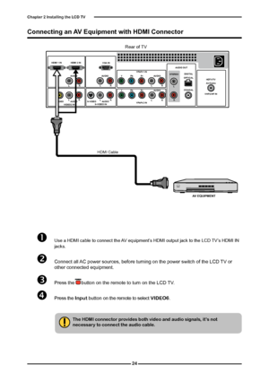 Page 25

Chapter  Installing the LCD TV

HDMI 2 INHDMI 1 IN
AUDIO
LRLRLR
LR
L
RLRLR
AUDIO
VGA IN
VIDEO2 INVIDEOAUDIOS-VIDEO INS-VIDEOAUDIO
YPbPr1 INAUDIO OUT
STEREODIGITALOPTICAL
COAXIAL
Air/CableHDTV/TVYPbPrAUDIO
YPbPr2 IN
YPbPrAUDIOVHF/UHF IN

Rear of TV
	Use a HDMI cable to connect the AV equipment’s HDMI output jack to the LCD TV’s HDMI IN jacks. 	 	
	Connect all AC power sources, before turning on the power switch of the LCD TV or other connected equipment.
	Press the     button on the...