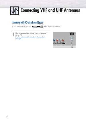 Page 14Connecting VHF and UHF Antennas
14
Antennas with 75-ohm Round Leads
If your antenna looks like this:  it has 75-ohm round leads.  
1
Plug the antenna lead into the VHF/UHF terminal 
on the PDP.
Use the antenna cable included in the product 
package.  