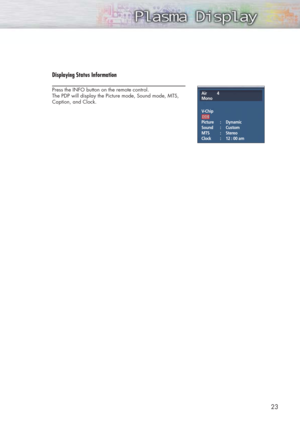 Page 2323
Displaying Status Information
Press the INFO button on the remote control. 
The PDP will display the Picture mode, Sound mode, MTS,
Caption, and Clock.Air          4
Mono
V-Chip
Picture      :     Dynamic 
Sound       :    Custom
MTS       :    Stereo
Clock       :    12 : 00 am
CC 