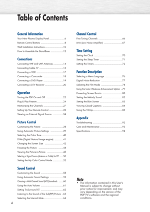 Page 4General Information
Your New Plasma Display Panel ......................6
Remote Control Buttons ..................................8
Wall Installation Instructions ..........................10
How to Assemble the Stand-Base ..................12
Connections
Connecting VHF and UHF Antennas ..............14
Connecting Cable TV ..................................15
Connecting a VCR ......................................17
Connecting a Camcorder ............................18
Connecting a DVD Player...