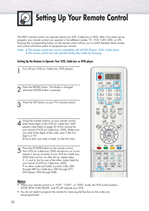 Page 3232
Setting Up Your Remote Control
This PDPs remote control can operate almost any VCR, Cable box or DVD. After it has been set up
properly, your remote control can operate in five different modes: TV , VCR, CATV, DVD, or STB. 
Pressing the corresponding button on the remote control allows you to switch between these modes,
and control whichever piece of equipment you choose.
Notes :
●The remote control may not be compatible with all DVD Players, VCRs, Cable boxes.   
●The remote control can only operate...