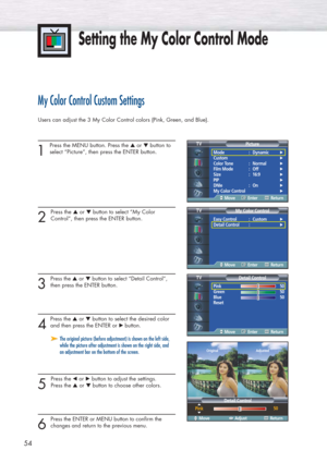 Page 5454
Setting the My Color Control Mode
My Color Control Custom Settings
Users can adjust the 3 My Color Control colors (Pink, Green, and Blue).
1 
Press the MENU button. Press the ▲or ▼button to
select “Picture”, then press the ENTER button. 
2 
Press the ▲or ▼button to select “My Color 
Control”, then press the ENTER button.
3 
Press the ▲or ▼button to select “Detail Control”,
then press the ENTER button.
4
Pressthe ▲or ▼button to select the desired color
and 
then press the ENTER or √ button.
5 
Press...