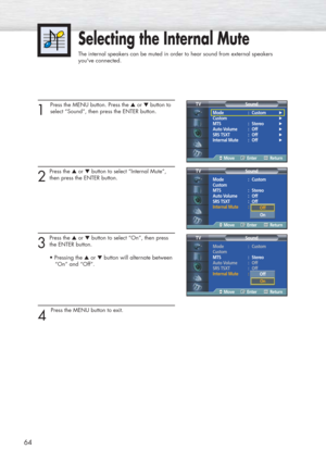 Page 6464
Selecting the Internal Mute
The internal speakers can be muted in order to hear sound from external speakers
youve connected.
1
Press the MENU button. Press the ▲or ▼button to
select “Sound”, then press the ENTER button.
2
Press the ▲or ▼button to select “Internal Mute”,
then press the ENTER button.
3
Press the ▲or ▼button to select “On”, then press
the ENTER button.
• Pressing the ▲or ▼button will alternate between 
“On” and “Off”.
4 
Press the MENU button to exit.
Mode : Custom√Custom√MTS :...