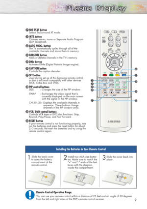 Page 9¸SRS TSXT button
Selects TruSurround XT mode.
˛MTS buttonChooses stereo, mono or Separate Audio Program
(SAP broadcast).
◊AUTO PROG. buttonThe TV automatically cycles through all of the 
available channels and stores them in memory. 
±ADD/DEL buttonAdds or deletes channels in the TV’s memory.
≠DNIe buttonActivates DNIe (Digital Natural Image engine).
–CAPTION button
Controls the caption decoder.
—SET buttonUsed during set up of this Samsung remote control, 
so that it will work compatibly with other...