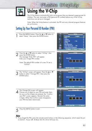 Page 8585
Using the V-Chip
The V-Chip feature automatically locks out programs that are deemed inappropriate for
children. The user must enter a PIN (personal ID number) before any of the V-Chip
restrictions are set up or changed.
Note: When the V-chip feature is activated, the PIP and auto channel program features
do not function.
Setting Up Your Personal ID Number (PIN)
1
Press the MENU button. Press the ▲or ▼button to
select “Setup”, then press the ENTER button. 
2 
Press the ▲or ▼button to select “V-Chip”,...