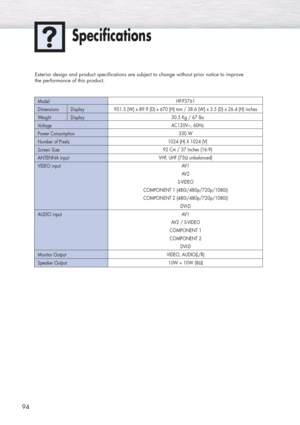 Page 9494
Specifications
Exterior design and product specifications are subject to change without prior notice to improve 
the performance of this product.
HP-P3761
951.5 (W) x 89.9 (D) x 670 (H) mm / 38.6 (W) x 3.5 (D) x 26.4 (H) inches
30.5 Kg / 67 lbs 
AC120V~, 60Hz 
330 W
1024 (H) X 1024 (V) 
92 Cm / 37 Inches (16:9) 
VHF, UHF (75Ωunbalanced)
AV 1
AV 2
S-VIDEO  
COMPONENT 1 (480i/480p/720p/1080i) 
COMPONENT 2 (480i/480p/720p/1080i) 
DVI-D
AV1 
AV2 / S-VIDEO
COMPONENT 1
COMPONENT 2 
DVI-D 
VIDEO, AUDIO(L/R)...