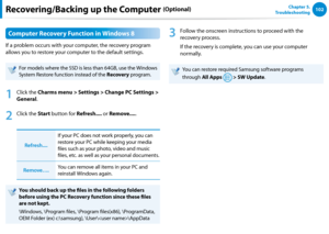 Page 103102Chapter 5.   
TroubleshootingRecovering/Backing up the Computer (Optional)
Computer Recovery Function in Windows 8
If a problem occurs with your computer, the recovery program 
allows you to restore your computer to the default settings.
For models where the SSD is less than 64GB, use the Windows 
System Restore function instead of the Recovery program. 
1
 Click the Charms menu > Settings > Change PC Settings > 
General.
2
 Click the Start button for Refresh.... or Remove.....
Refresh....
If your PC...